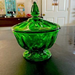 Green depression glass candy dish